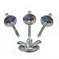 An economical fastener with a locked mandrel core & three folded legs on the blind side.